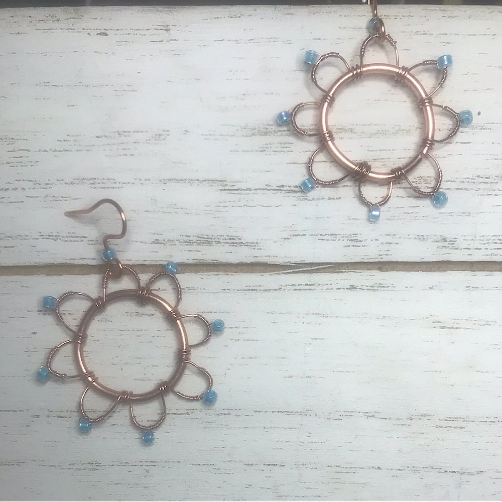 New handmade flower wire + bead dangly earrings. Copper, turquoise. Women/girls